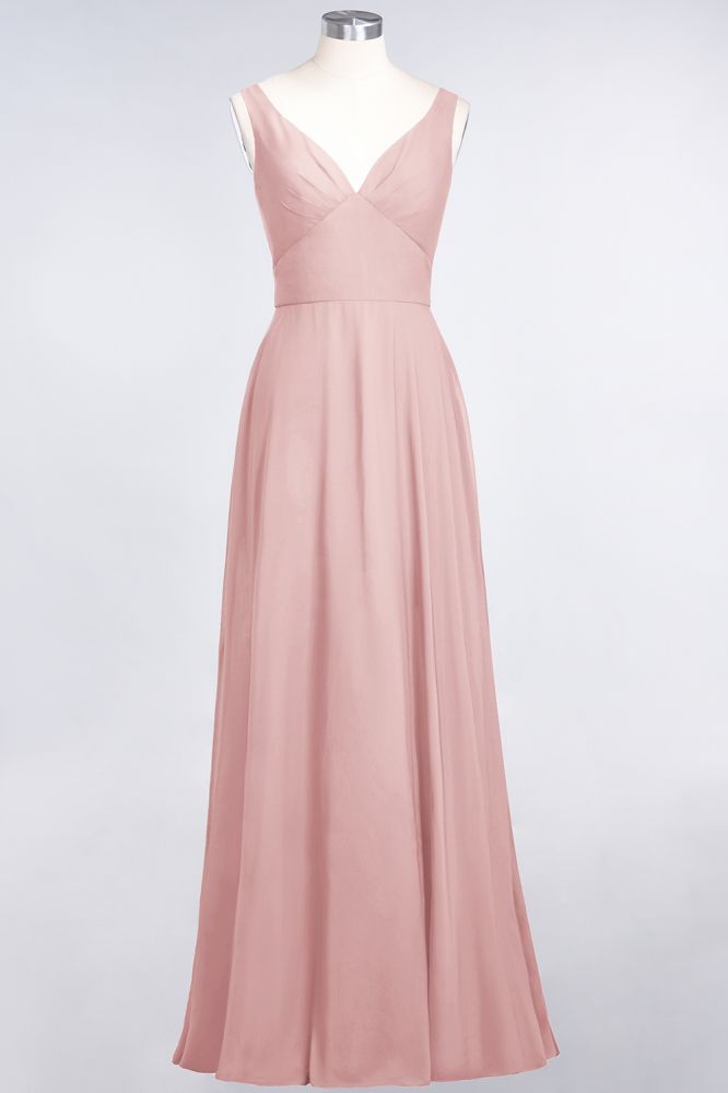 Vestido de dama de honor de gasa con escote en V, sin mangas, volantes, largo hasta el suelo y espalda abierta