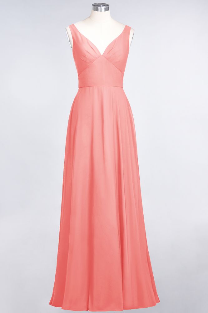Vestido de dama de honor de gasa con escote en V, sin mangas, volantes, largo hasta el suelo y espalda abierta