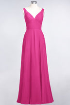 Vestido de dama de honor de gasa con escote en V, sin mangas, volantes, largo hasta el suelo y espalda abierta