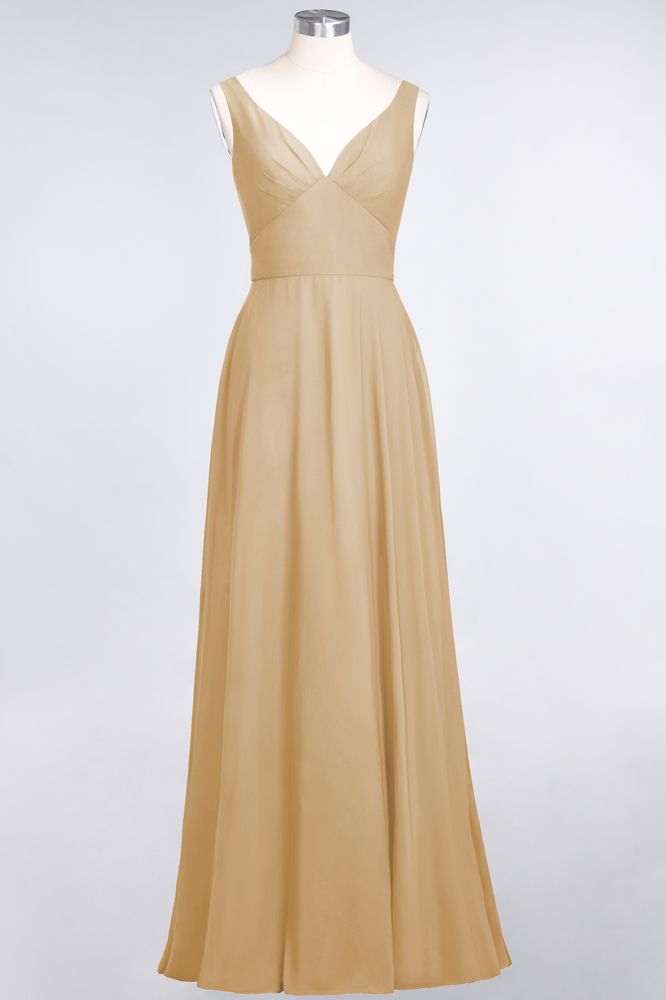 Vestido de dama de honor de gasa con escote en V, sin mangas, volantes, largo hasta el suelo y espalda abierta
