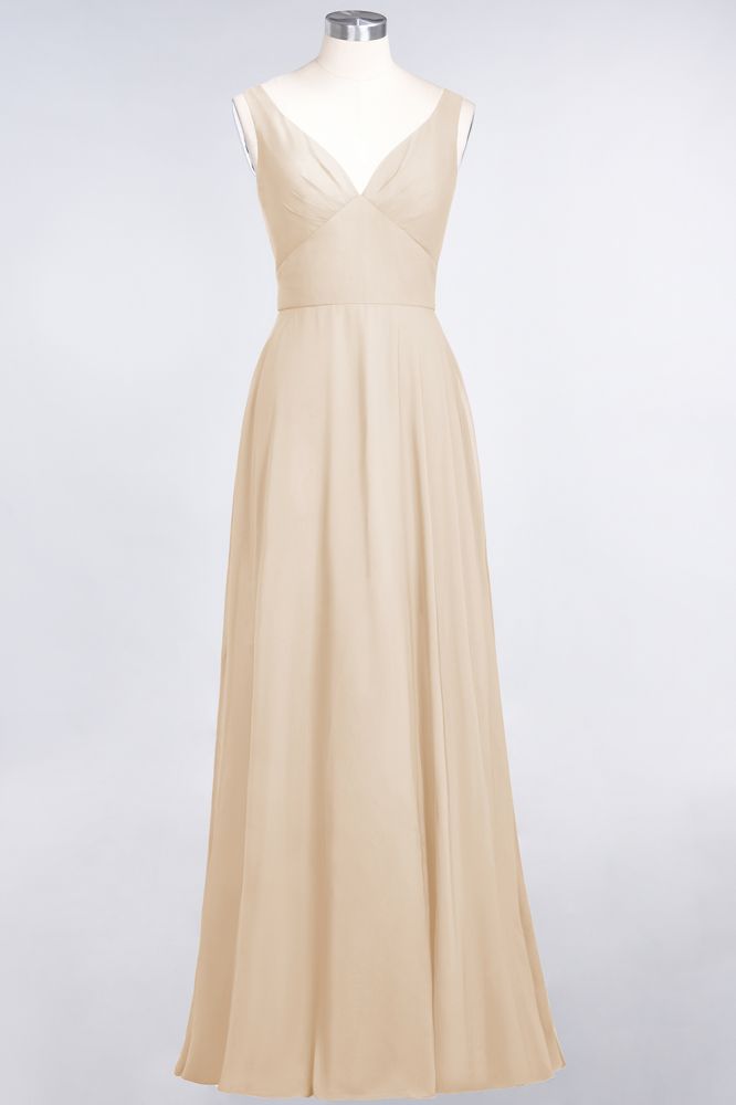Vestido de dama de honor de gasa con escote en V, sin mangas, volantes, largo hasta el suelo y espalda abierta
