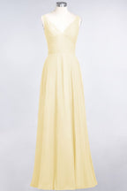 Vestido de dama de honor de gasa con escote en V, sin mangas, volantes, largo hasta el suelo y espalda abierta