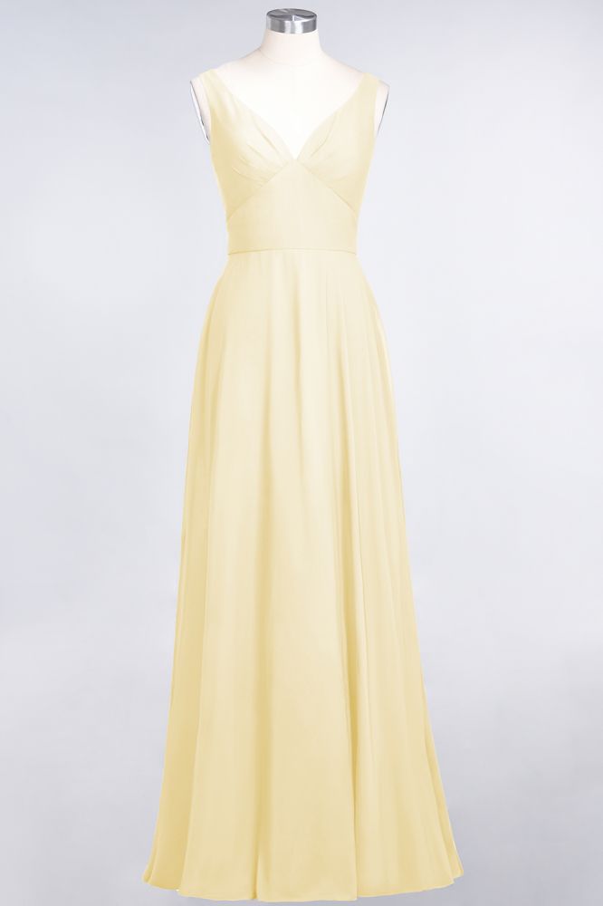 Vestido de dama de honor de gasa con escote en V, sin mangas, volantes, largo hasta el suelo y espalda abierta