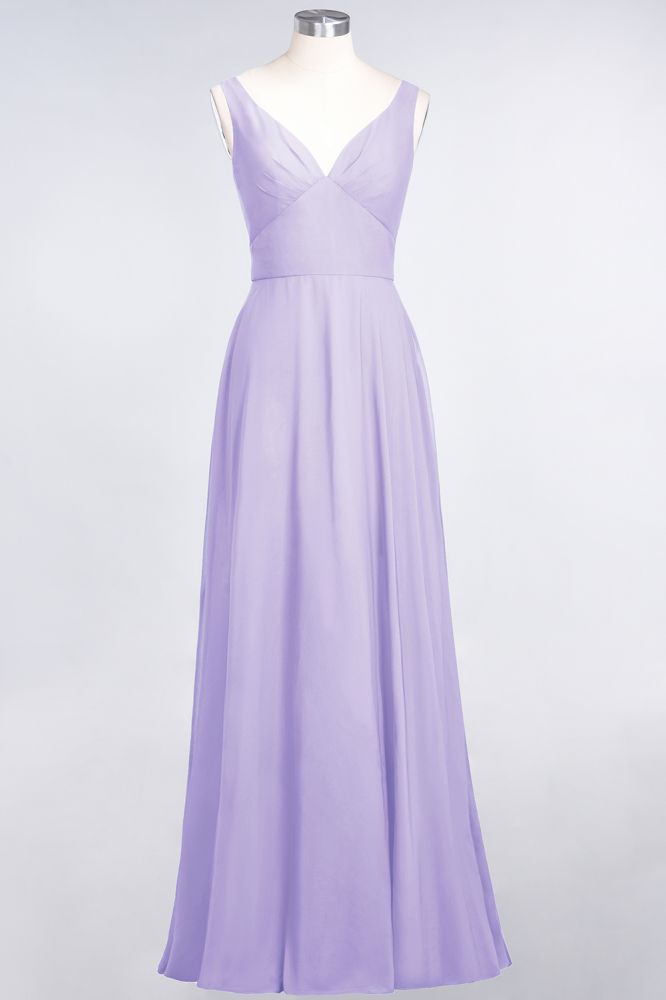 Vestido de dama de honor de gasa con escote en V, sin mangas, volantes, largo hasta el suelo y espalda abierta