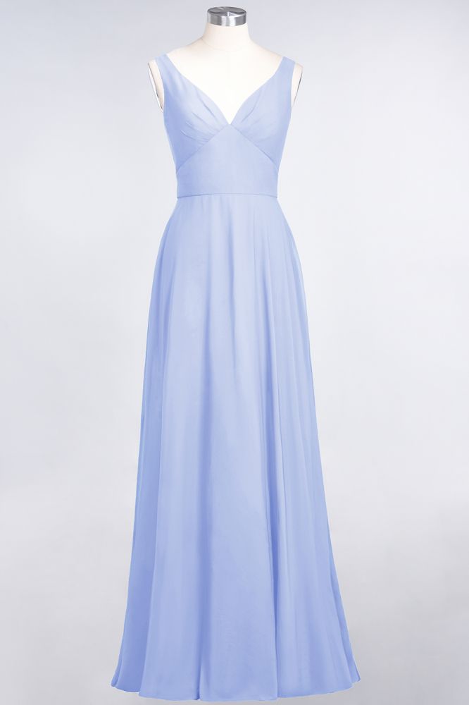 Vestido de dama de honor de gasa con escote en V, sin mangas, volantes, largo hasta el suelo y espalda abierta
