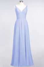 Vestido de dama de honor de gasa con escote en V, sin mangas, volantes, largo hasta el suelo y espalda abierta