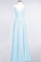 Vestido de dama de honor de gasa con escote en V, sin mangas, volantes, largo hasta el suelo y espalda abierta