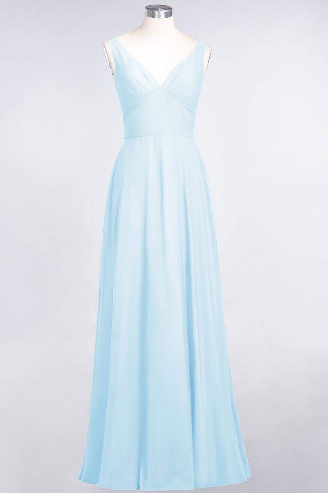 Vestido de dama de honor de gasa con escote en V, sin mangas, volantes, largo hasta el suelo y espalda abierta