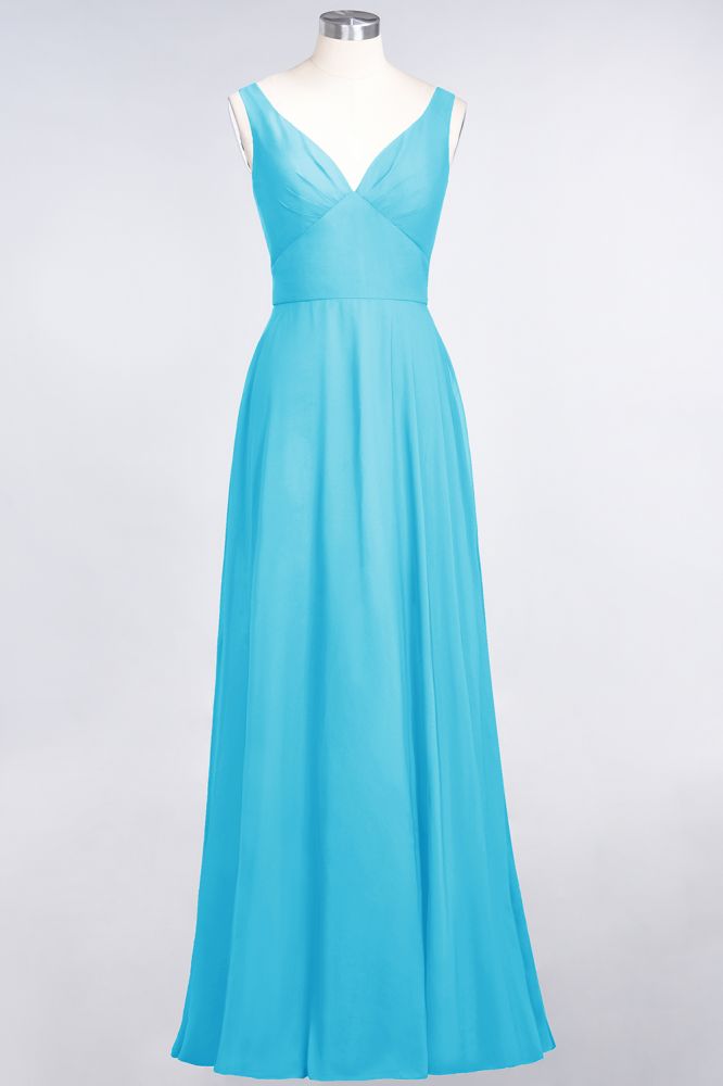 Vestido de dama de honor de gasa con escote en V, sin mangas, volantes, largo hasta el suelo y espalda abierta