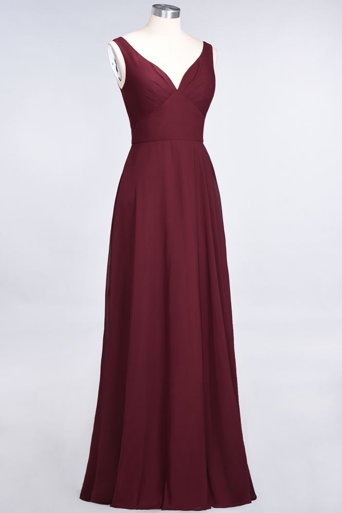 Vestido de dama de honor de gasa con escote en V, sin mangas, volantes, largo hasta el suelo y espalda abierta