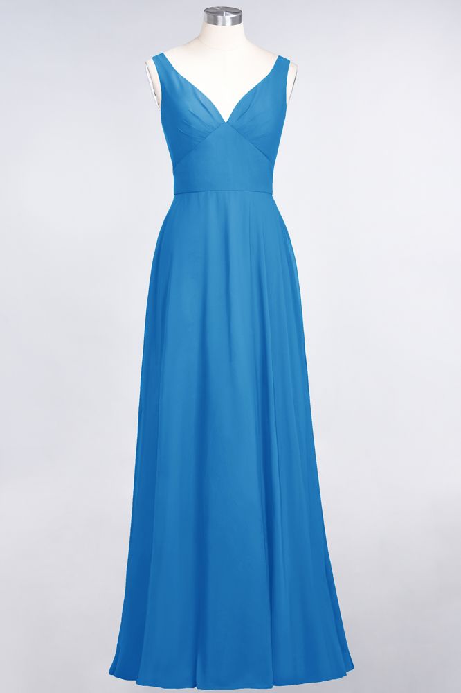 Vestido de dama de honor de gasa con escote en V, sin mangas, volantes, largo hasta el suelo y espalda abierta
