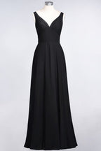 Vestido de dama de honor de gasa con escote en V, sin mangas, volantes, largo hasta el suelo y espalda abierta