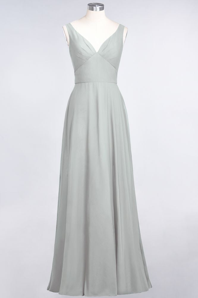 Vestido de dama de honor de gasa con escote en V, sin mangas, volantes, largo hasta el suelo y espalda abierta