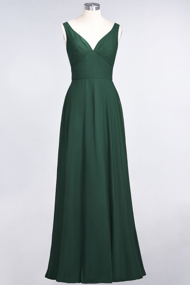 Vestido de dama de honor de gasa con escote en V, sin mangas, volantes, largo hasta el suelo y espalda abierta