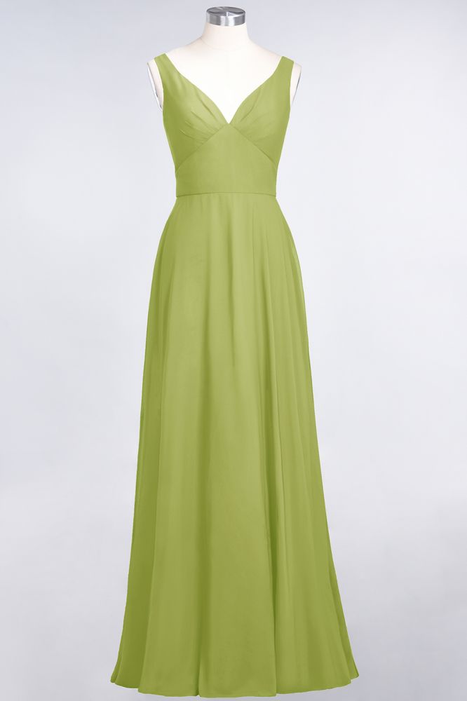 Vestido de dama de honor de gasa con escote en V, sin mangas, volantes, largo hasta el suelo y espalda abierta