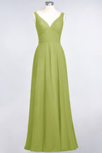 Vestido de dama de honor de gasa con escote en V, sin mangas, volantes, largo hasta el suelo y espalda abierta