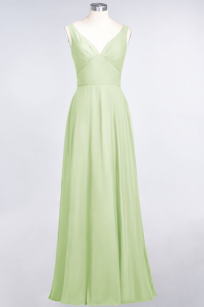Vestido de dama de honor de gasa con escote en V, sin mangas, volantes, largo hasta el suelo y espalda abierta