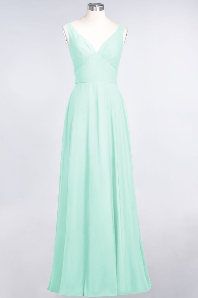 Vestido de dama de honor de gasa con escote en V, sin mangas, volantes, largo hasta el suelo y espalda abierta