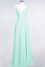 Vestido de dama de honor de gasa con escote en V, sin mangas, volantes, largo hasta el suelo y espalda abierta