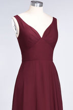 Vestido de dama de honor de gasa con escote en V, sin mangas, volantes, largo hasta el suelo y espalda abierta