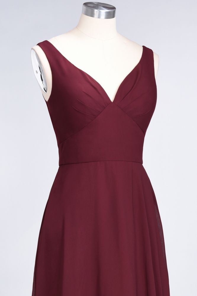 Vestido de dama de honor de gasa con escote en V, sin mangas, volantes, largo hasta el suelo y espalda abierta