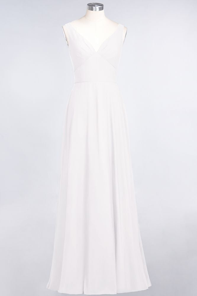 Vestido de dama de honor de gasa con escote en V, sin mangas, volantes, largo hasta el suelo y espalda abierta