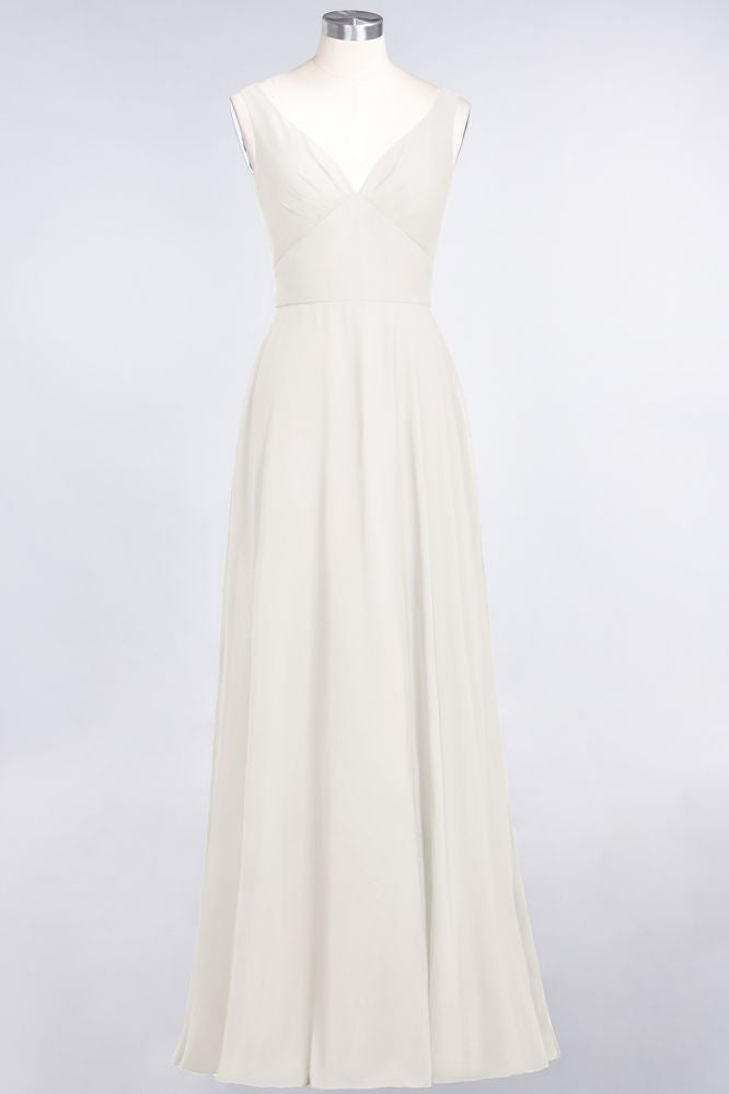 Vestido de dama de honor de gasa con escote en V, sin mangas, volantes, largo hasta el suelo y espalda abierta