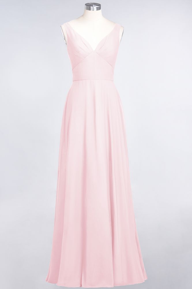 Vestido de dama de honor de gasa con escote en V, sin mangas, volantes, largo hasta el suelo y espalda abierta