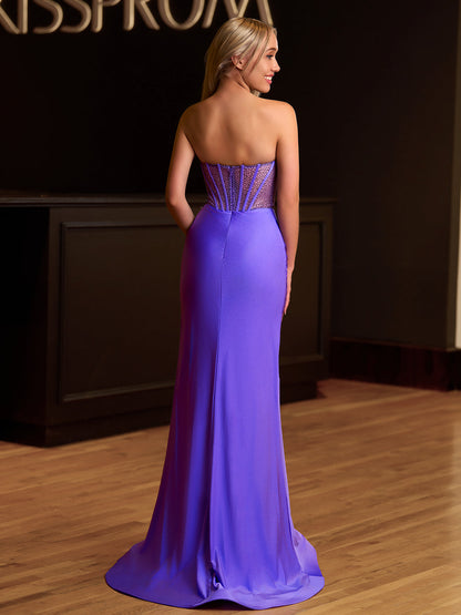 Arana| Fuchsia Meerjungfrau-Kleid, trägerlos, langes Satin-Ballkleid mit Perlen