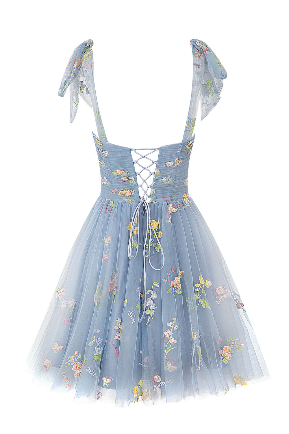 Claire | Vestido corto de tul con escote corazón y estampado floral para la fiesta de bienvenida de Aline