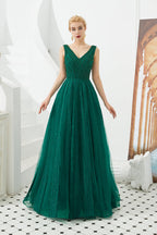 Vestido de fiesta clásico largo de tul con escote en V y corte A