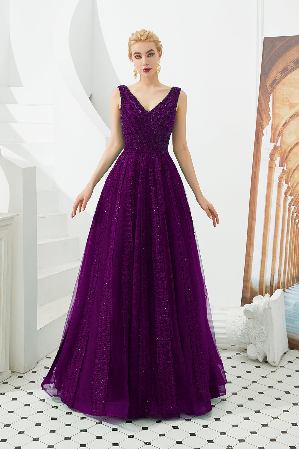Vestido de fiesta clásico largo de tul con escote en V y corte A