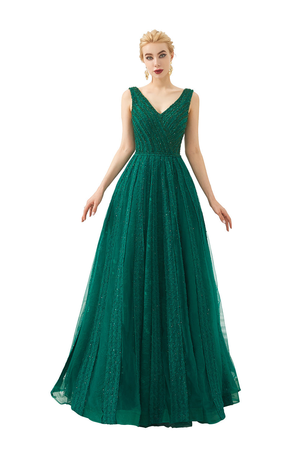 Vestido de fiesta clásico largo de tul con escote en V y corte A