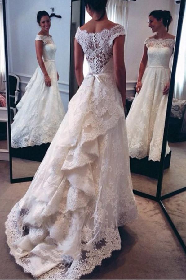 Vestido de novia clásico de encaje escalonado con hombros descubiertos, corte A, WD094