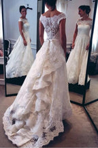Vestido de novia clásico de encaje escalonado con hombros descubiertos, corte A, WD094