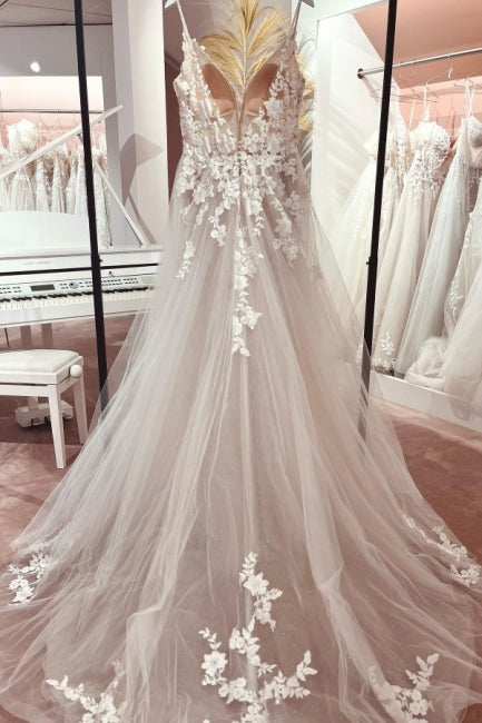Vestidos de novia clásicos de encaje, corte A, sin mangas y con escote en V y tirantes finos