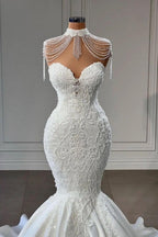 Vestidos de novia estilo sirena, capilla, sin mangas, con apliques elegantes de encaje y borlas