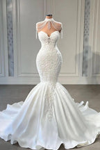 Vestidos de novia estilo sirena, capilla, sin mangas, con apliques elegantes de encaje y borlas