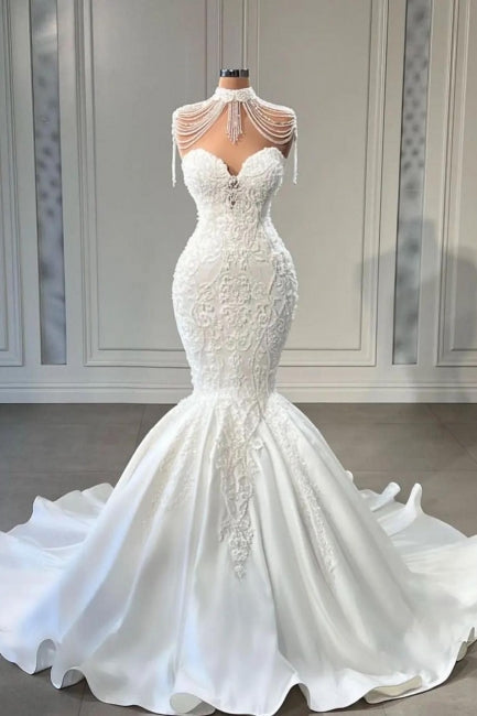 Vestidos de novia estilo sirena, capilla, sin mangas, con apliques elegantes de encaje y borlas