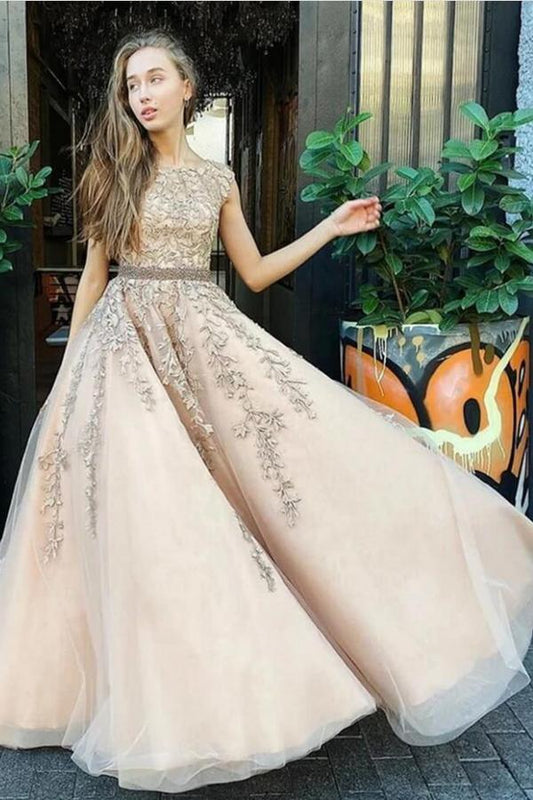 Elegantes, langes, rückenfreies Ballkleid in A-Linie mit Bateau-Applikationen, Spitze und Tüll