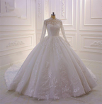 Vestido de novia elegante, largo, corte A, cuello alto, apliques, encaje, perlas, lentejuelas, volantes y mangas
