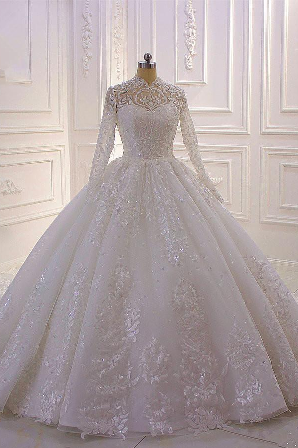 Vestido de novia elegante, largo, corte A, cuello alto, apliques, encaje, perlas, lentejuelas, volantes y mangas