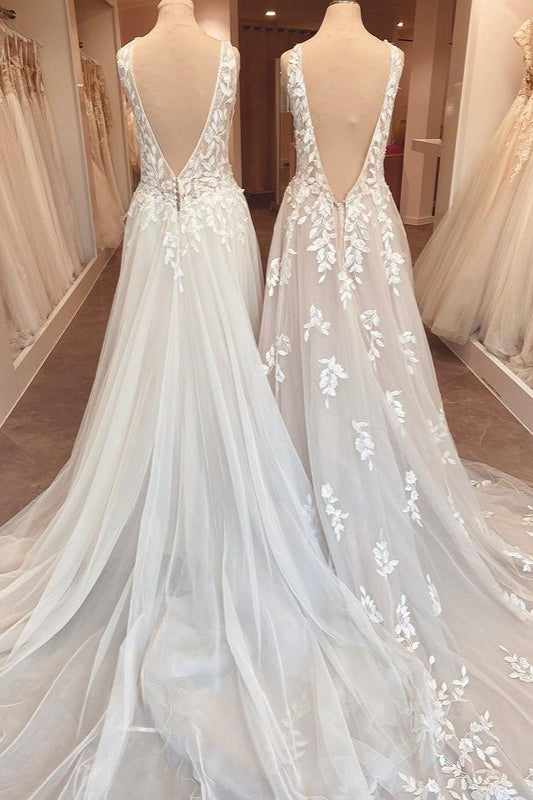 Vestido de novia elegante, largo, corte A, escote en forma de corazón, apliques de encaje y espalda abierta