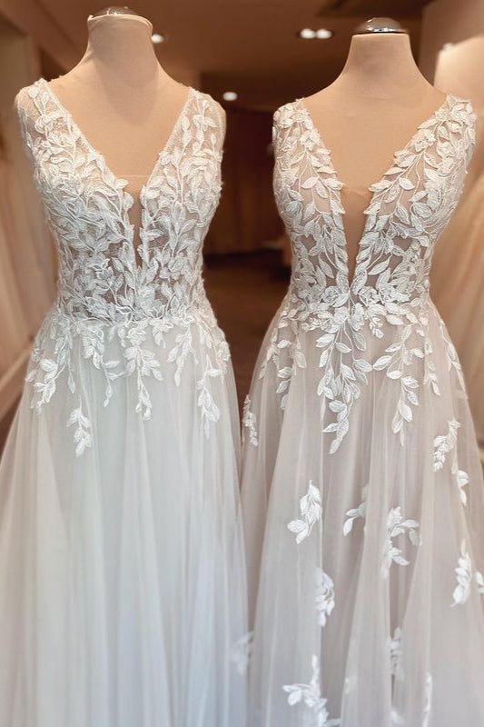 Vestido de novia elegante, largo, corte A, escote en forma de corazón, apliques de encaje y espalda abierta