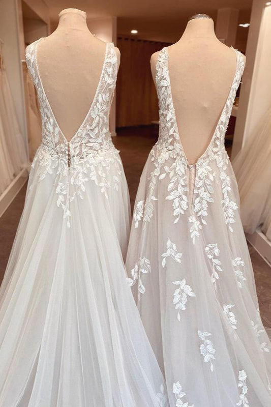 Vestido de novia elegante, largo, corte A, escote en forma de corazón, apliques de encaje y espalda abierta
