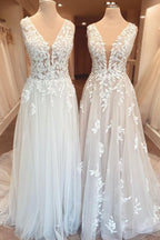 Vestido de novia elegante, largo, corte A, escote en forma de corazón, apliques de encaje y espalda abierta
