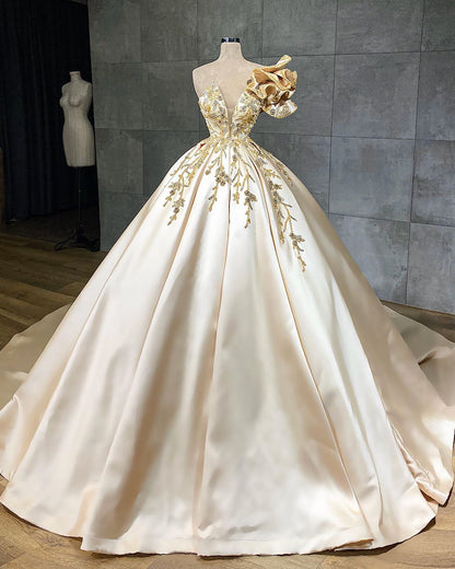 Classy Long A-Line Sweetheart Crystal Satin Ruffles Wedding Dress