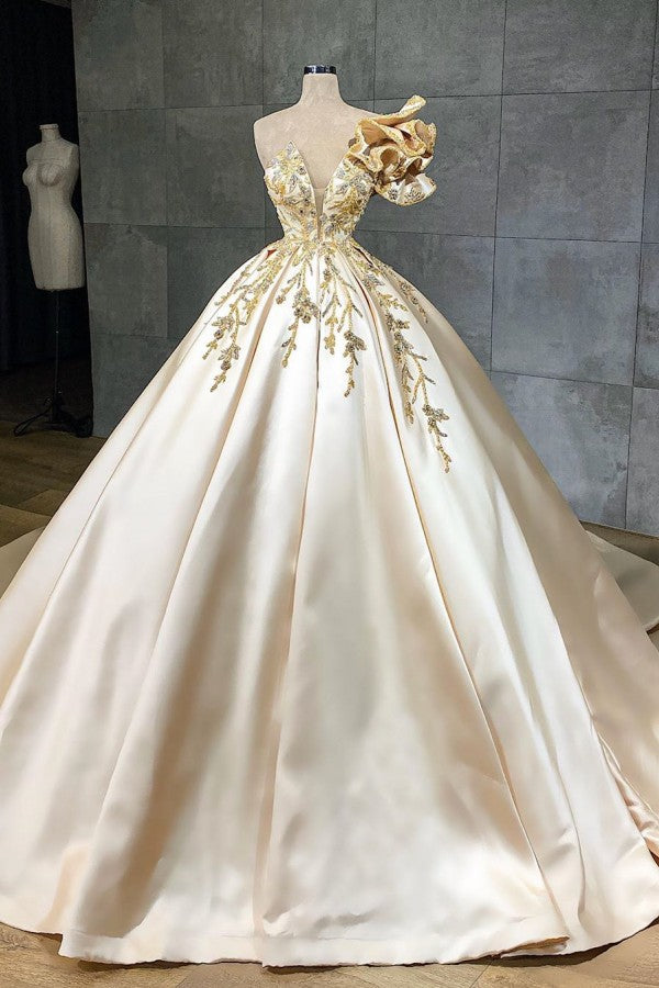 Vestido de novia elegante, largo, corte A, escote corazón, satén con cristales y volantes