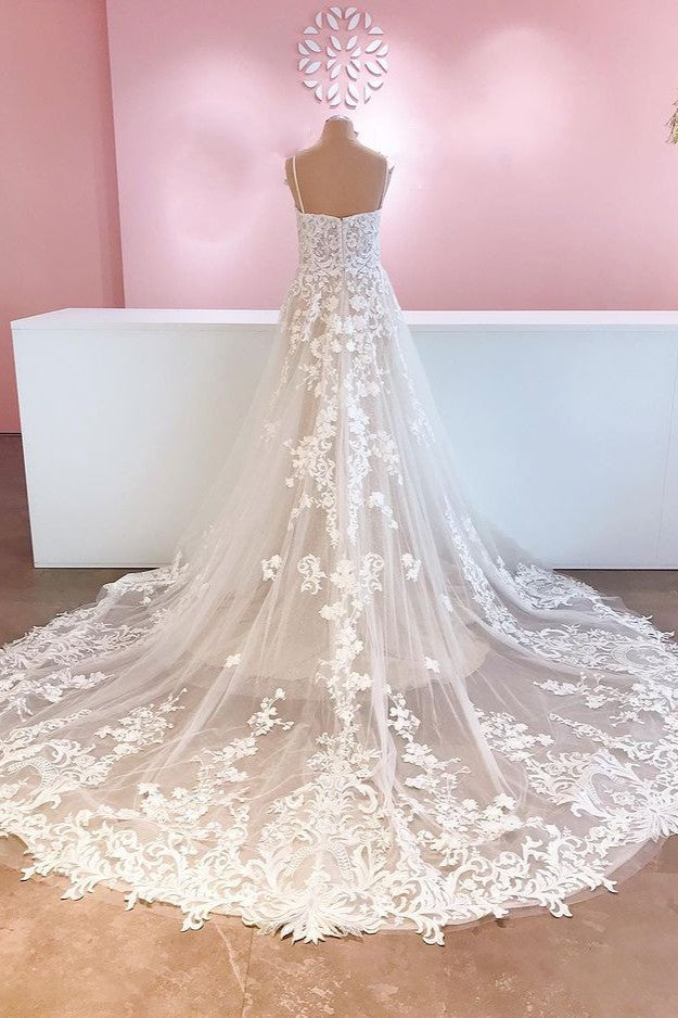 Vestido de novia elegante, largo, corte A, de tul, tirantes finos, apliques, encaje y espalda descubierta