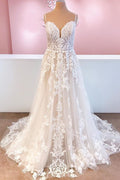 Vestido de novia elegante, largo, corte A, de tul, tirantes finos, apliques, encaje y espalda descubierta
